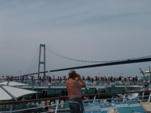 Crowd watching Great Belt Bridge