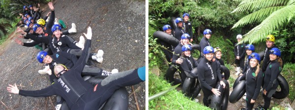 Waitomo black water rafting : tube-train formation and entering the cave
