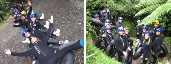 Waitomo black water rafting : tube-train formation and entering the cave Waitomo black water rafting : tube-train formation and entering the cave