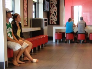 Barefoot with injured foot at the McDonalds fast food restaurant