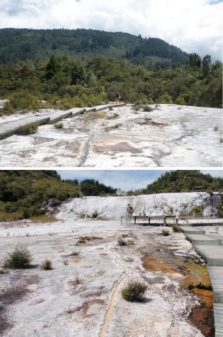 Pathway crossing silica terrace - Orakei Korako - Hidden Valley 4 Taking photos of each other crossing the silica terrace: Don't stray from the pathway! Look at the water vapour that indicates how hot this place is.