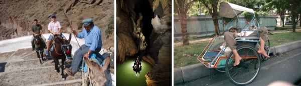 Top modes of transportation - Donkey Santorini - Cave tubing Waitomo - Becak Indonesia Left: Donkey ride in Santorini. Centre: Cave tubing in Waitomo Glowworm Cave, NZ (© www.waitomo.com). Right: Becak-man sleeping in his becak, waiting for a passenger.