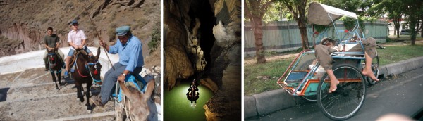 Left: Donkey ride in Santorini. Centre: Cave tubing in Waitomo Glowworm Cave, NZ (Â© www.waitomo.com). Right: Becak-man sleeping in his becak, waiting for a passenger.