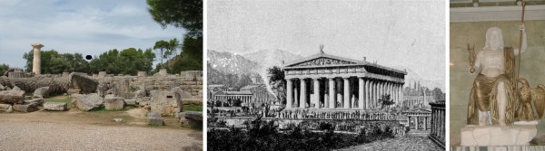 Temple of Zeus in Olympia. Left: the ruin as we saw it. Middle: an illustration of what the temple might have looked in the past (Source: Wilhelm LÃ¼bke, Max Semrau, 1908, public domain). Right: Statue of Zeus in Hermitage Museum, based on the famous Phidias' work (By Sanne Smit, public domain).