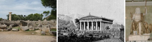 Temple of Zeus in Olympia Greece Temple of Zeus in Olympia. Left: the ruin as we saw it. Middle: an illustration of what the temple might have looked in the past (Source: Wilhelm Lübke, Max Semrau, 1908, public domain). Right: Statue of Zeus in Hermitage Museum, based on the famous Phidias' work (By Sanne Smit, public domain).
