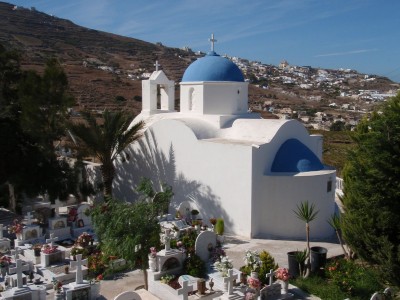 White washed blue domed churches of Santorini.