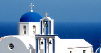 A Taste of the Greek Islands: a Day in Santorini White washed blue domed church of Santorini