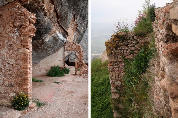Montserrat Monastery - broken down hermitage in a precarious cleft - the door frame and the wall Beautiful ruins in the mountain cracks