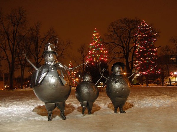 Snowman and Christmas light on snow covered Victoria Park, London, Canada Snowman and Christmas light on snow covered Victoria Park, London, Canada