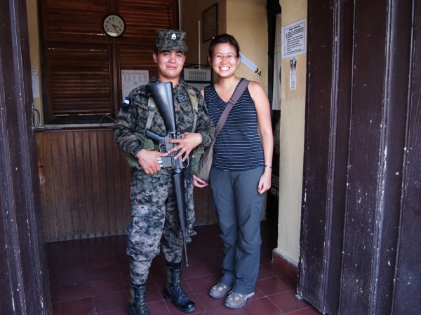 Friendly army man with rifles that guarded Copan Ruinas museum, Honduras