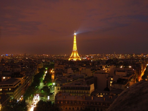 Eiffel Tower as seen from Arc de Triomphe at night