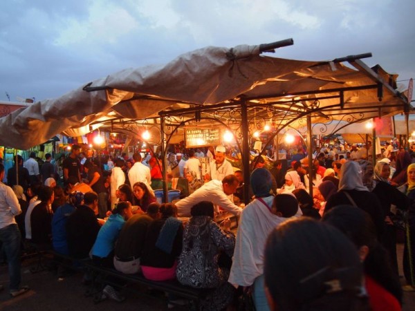 Busy food vendors in Jemaa el-Fnaa, Red City Marrakech, Morocco