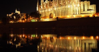 Friday Photo: Perfect Reflection of Golden Palma Cathedral, the Island of Majorca Spain - Mallorca - Palma Cathedral reflection at night